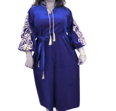 Robe d’Hôtesse Mi-Longue Bleu avec Broderie – Pivoine House Of Creation