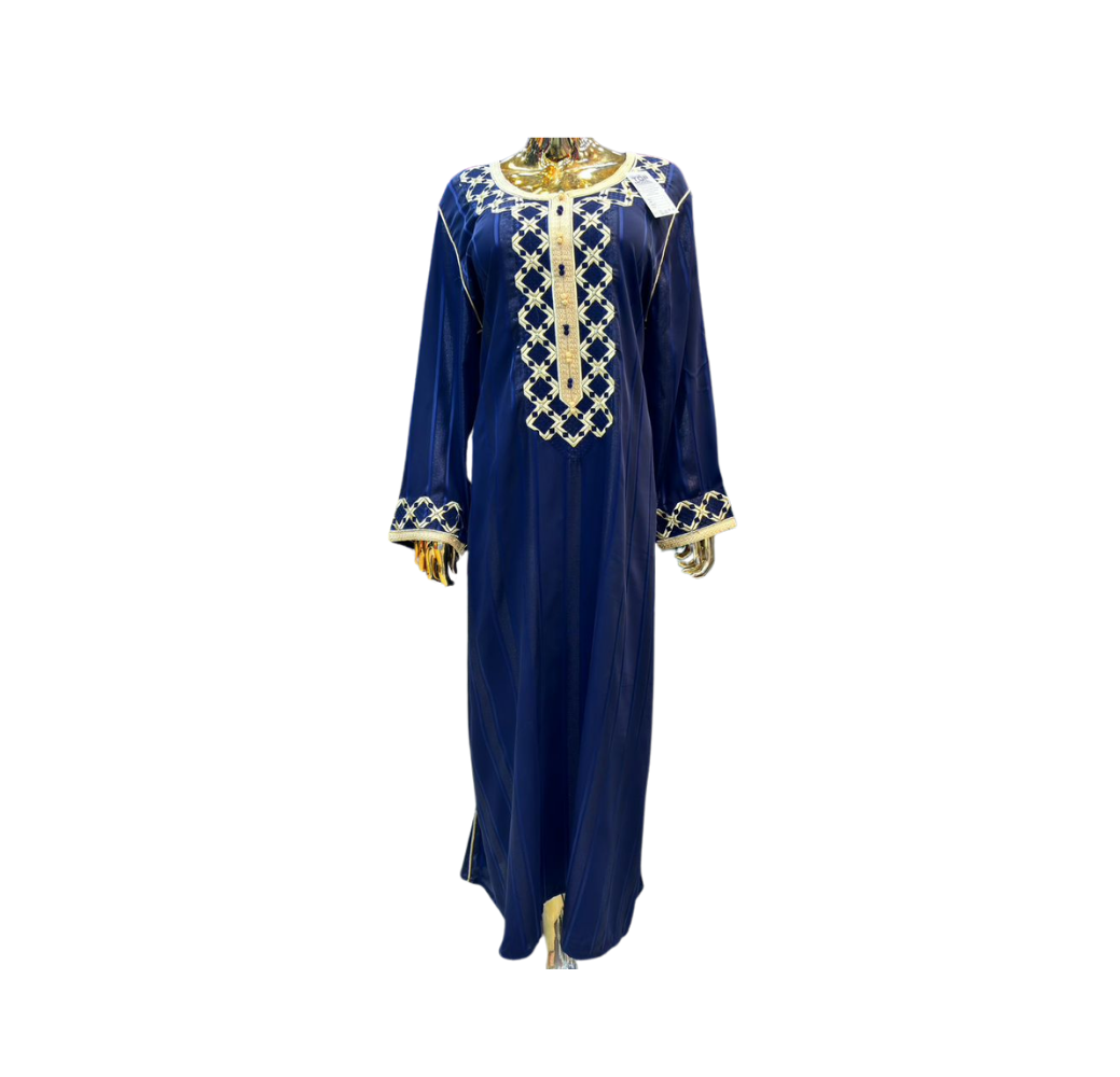 Robe d'hôtesse style caftan bleu nuit avec broderie