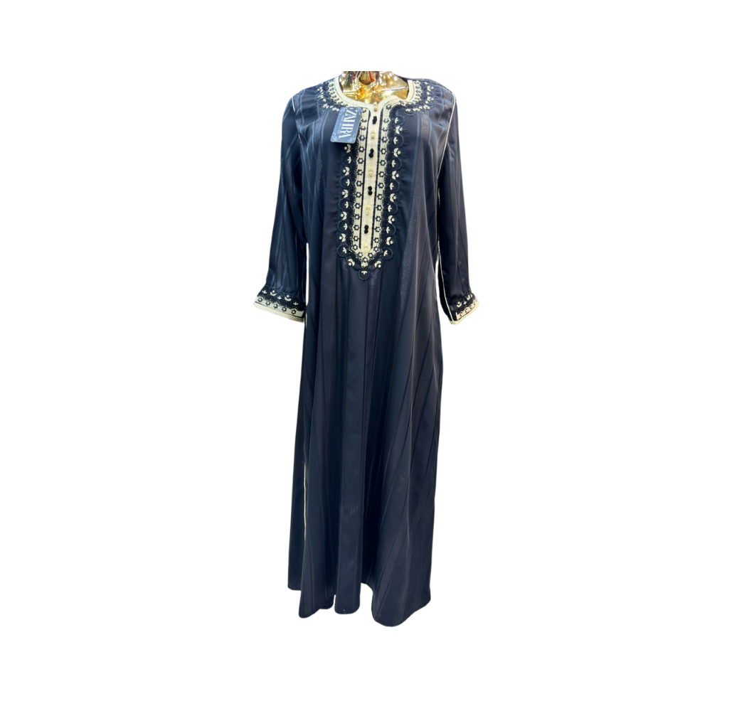 Robe d’hôtesse style arabesque bleu nuit