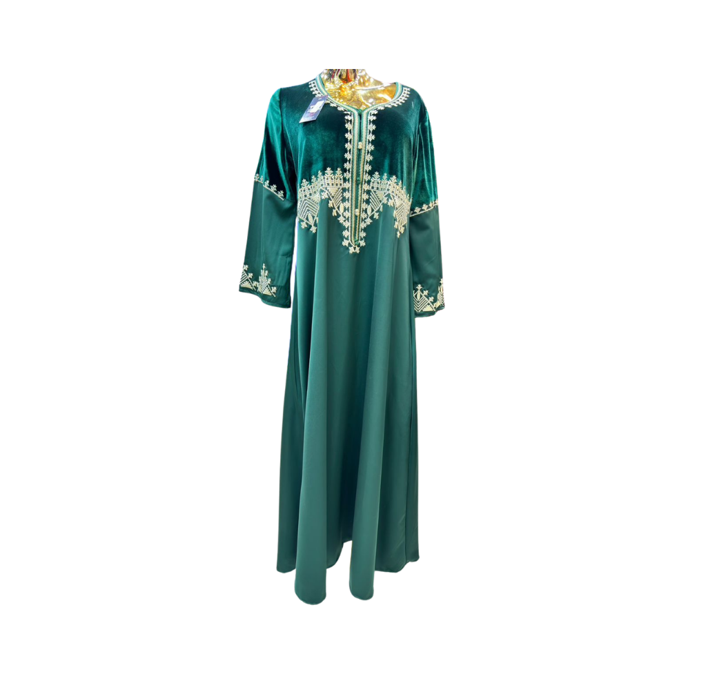 Robe d’hôtesse style Arabesque verte avec broderie