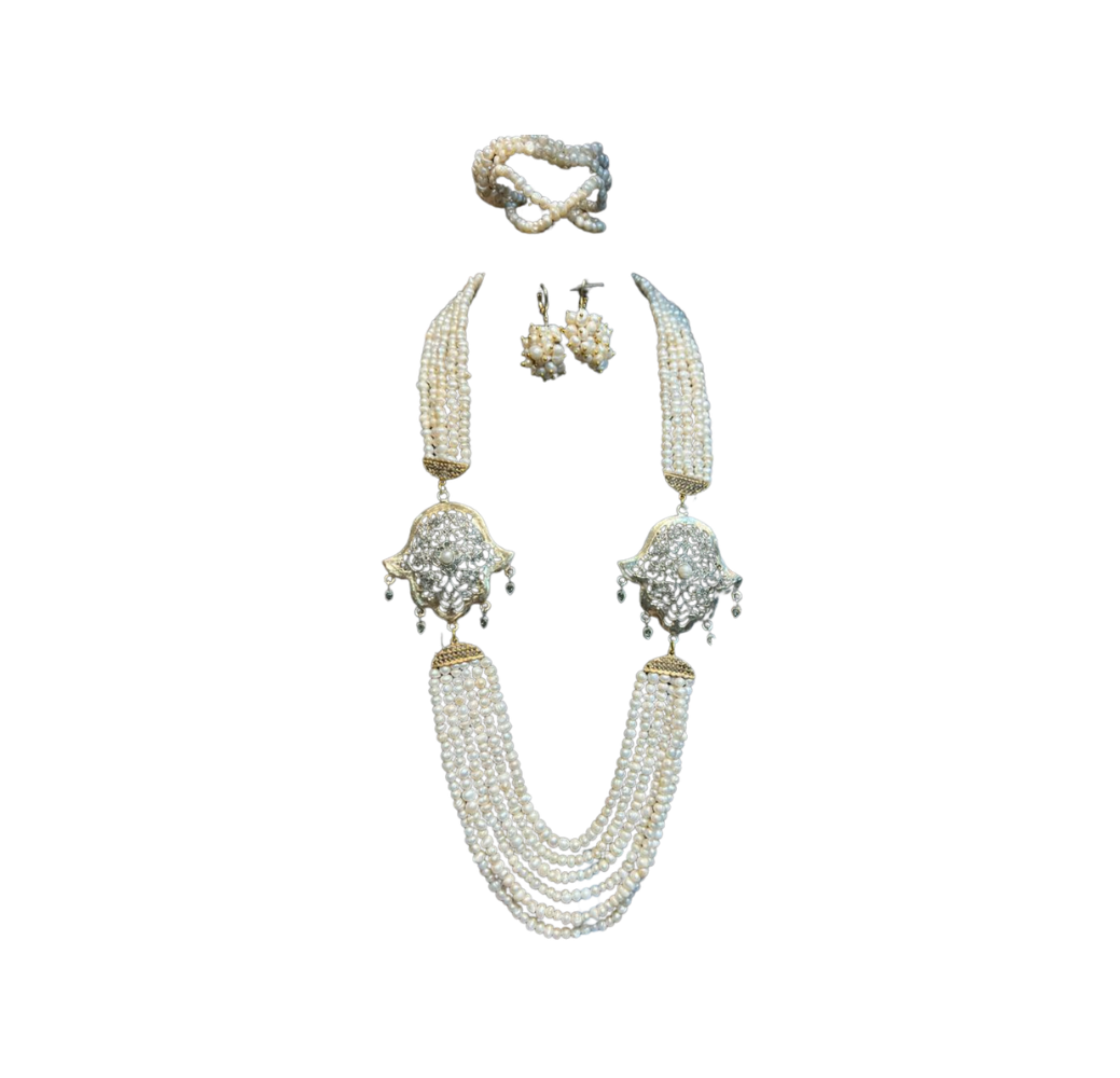 Ensemble en perles authentiques avec motif plaqué or et argent