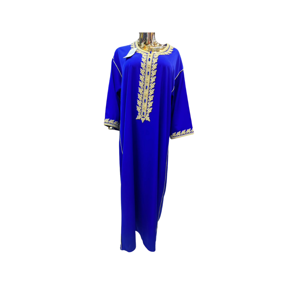 Robe d'hôtesse bleu style arabesque avec broderie