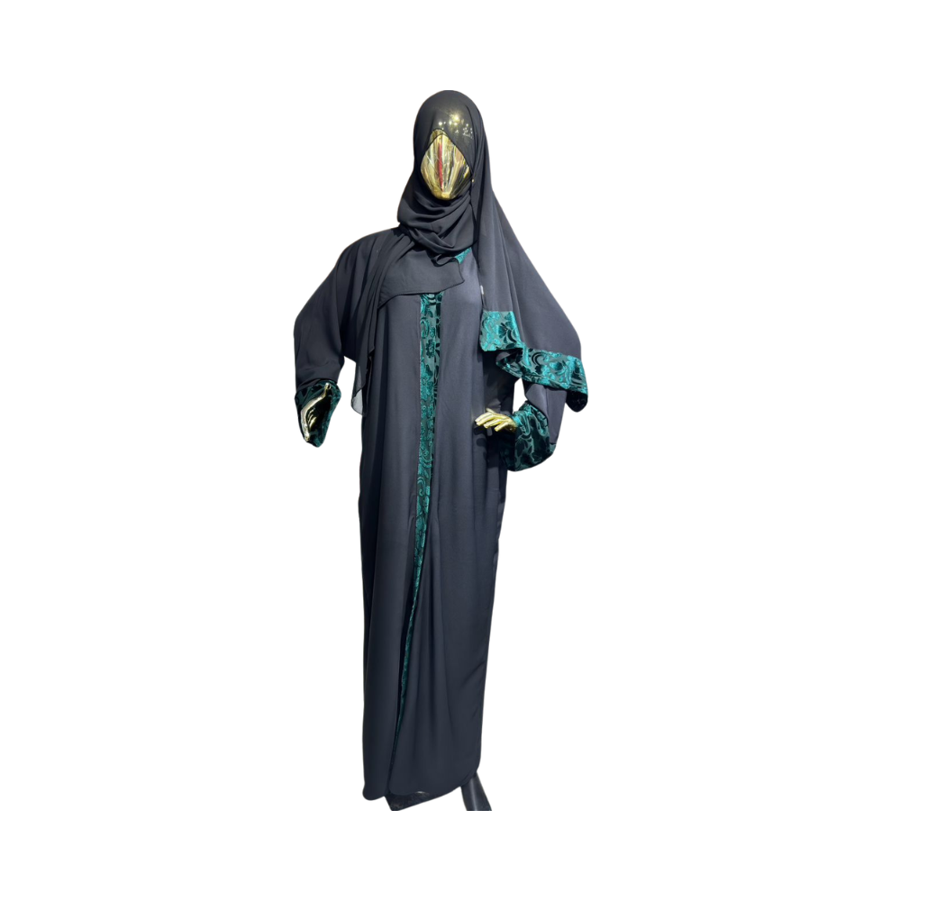 Hijab long vert et noir avec broderie et foulard