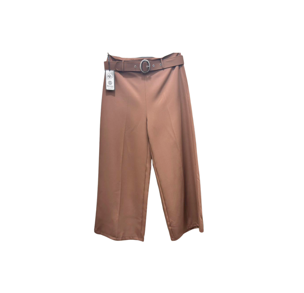 Pantalon femme large droit avec ceinture marron