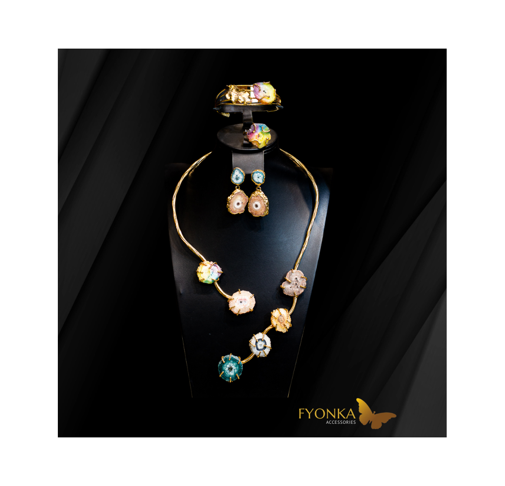 Parure en bronze plaqué or - Pierre d'Agate