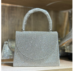 Pochette carrée à strass argenté avec poignée ronde