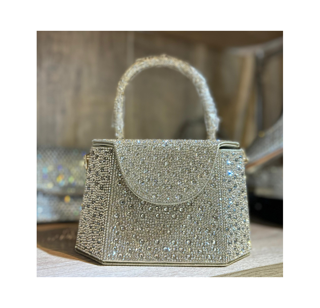 Pochette géométrique à strass doré avec poignée ronde Pochette géométrique à strass doré avec poignée ronde