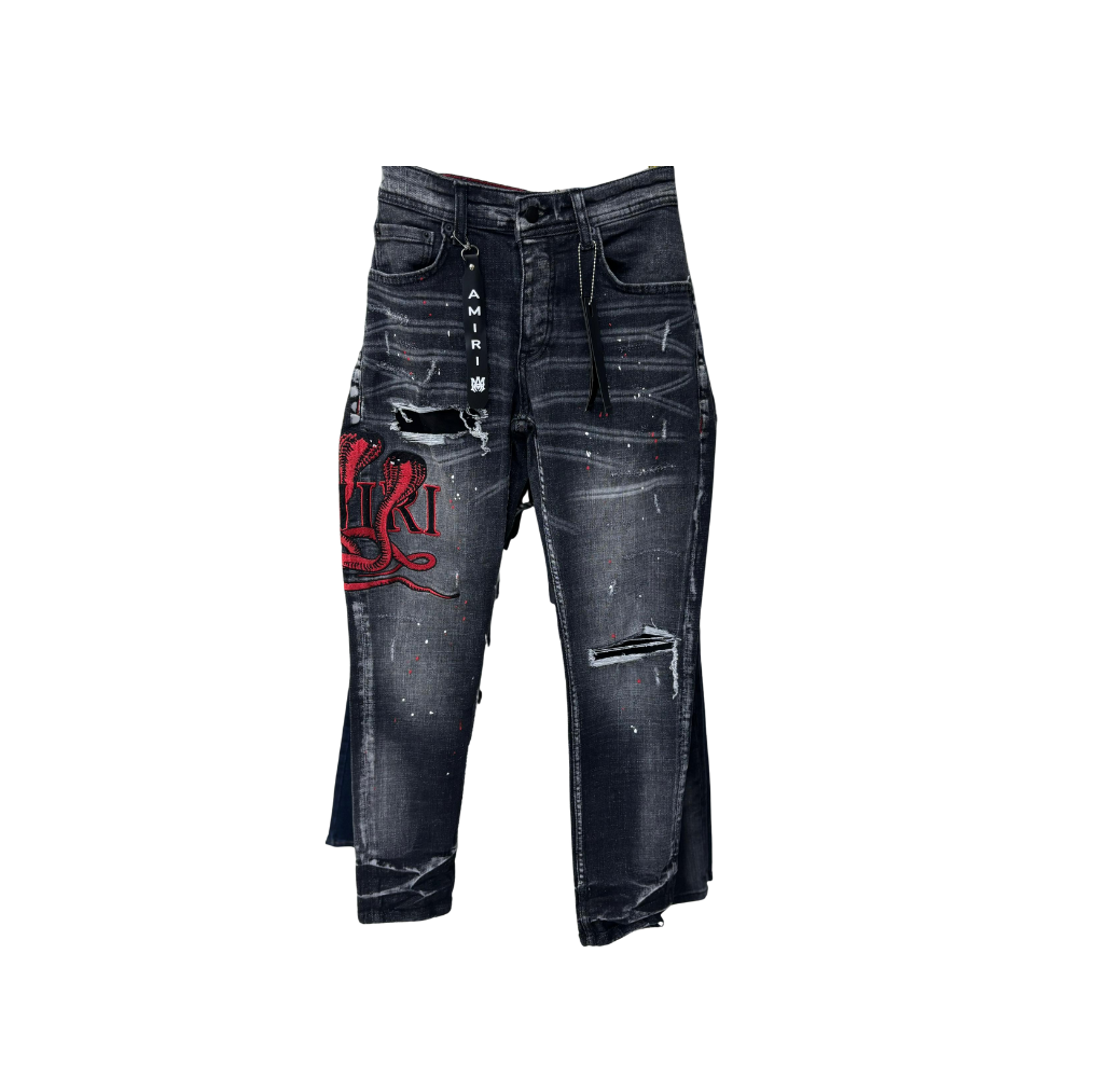 Pantalon en jean Amiri snake gris foncé Pantalon en jean Amiri snake gris foncé
