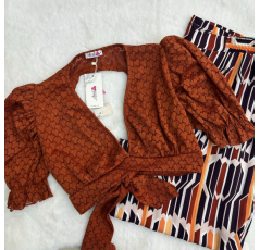 Pyjama crop top, pantalon marron