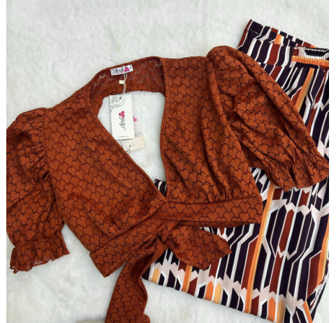 Pyjama crop top, pantalon marron