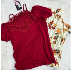 Pyjama haut dentelle grenat et pantalon