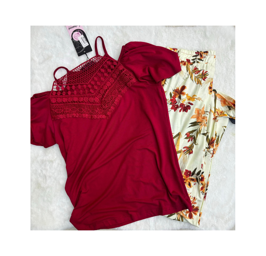 Pyjama haut dentelle grenat et pantalon Pyjama haut dentelle grenat et pantalon