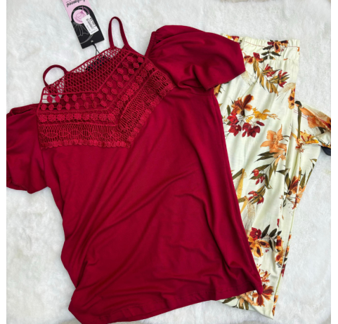 Pyjama haut dentelle grenat et pantalon