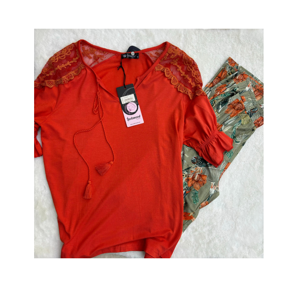 Pyjama haut orange pantalon imprimé Pyjama haut orange pantalon imprimé