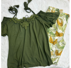 Pyjama haut vert militaire a bretelle et pantalon