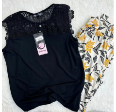 Pyjama haut noir pantalon imprimé