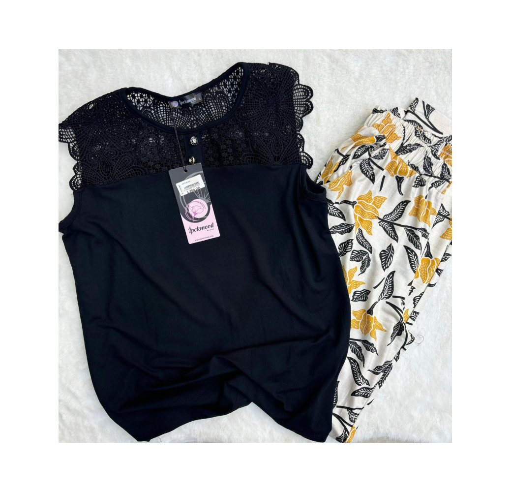 Pyjama haut noir pantalon imprimé