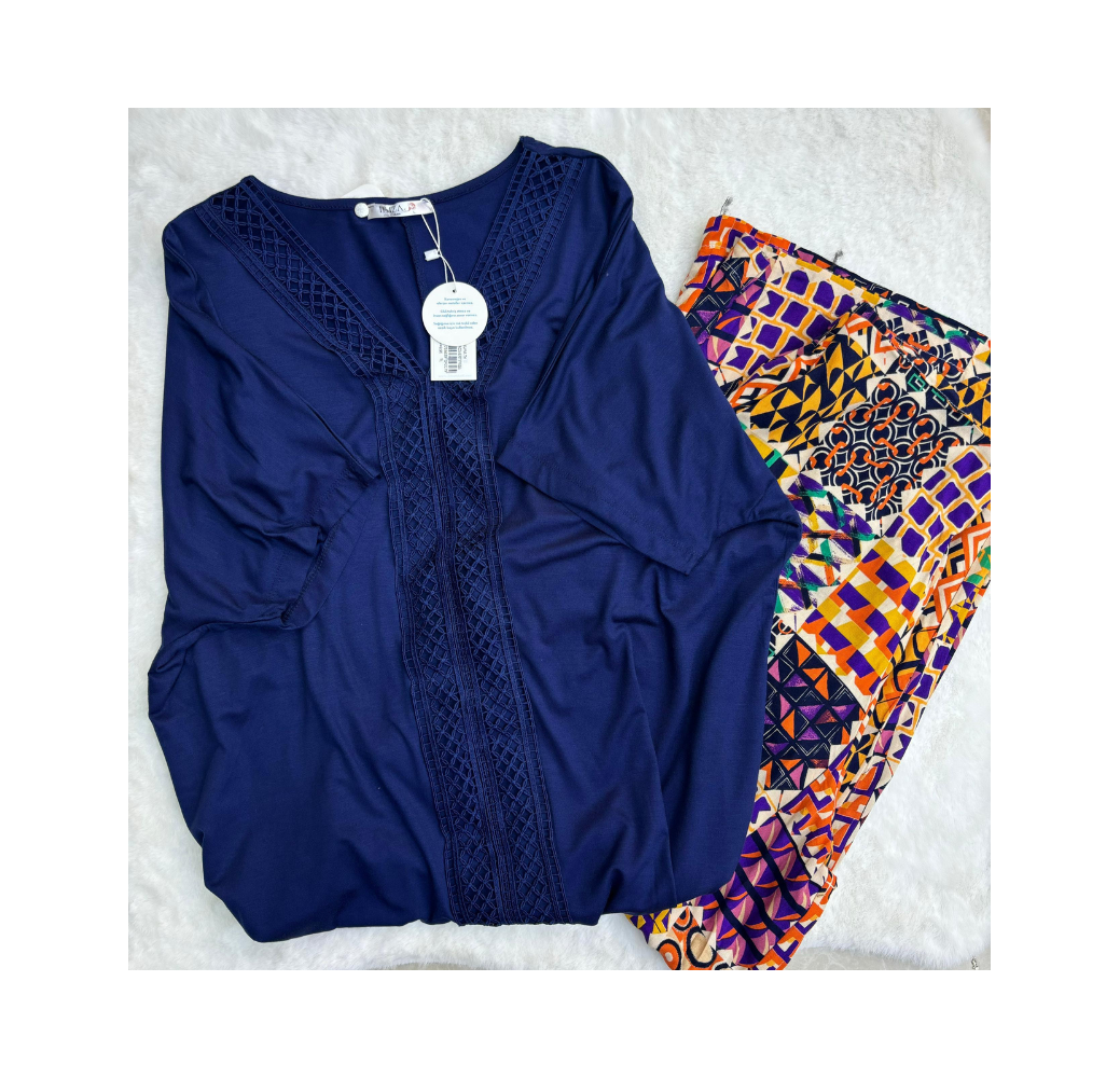 Pyjama haut bleu nuit et pantalon imprimé Pyjama haut bleu nuit et pantalon imprimé
