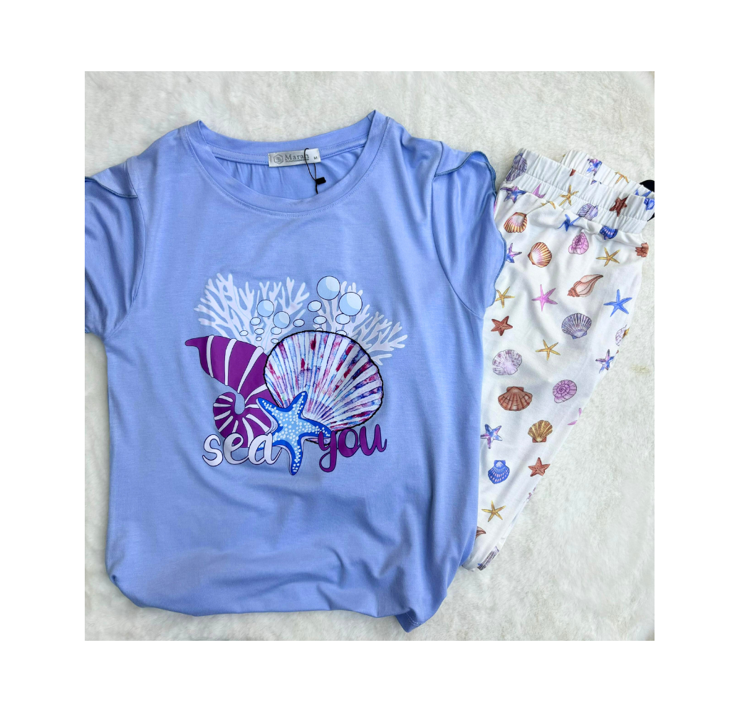 Pyjama haut bleu pantalon imprimé Pyjama haut bleu pantalon imprimé