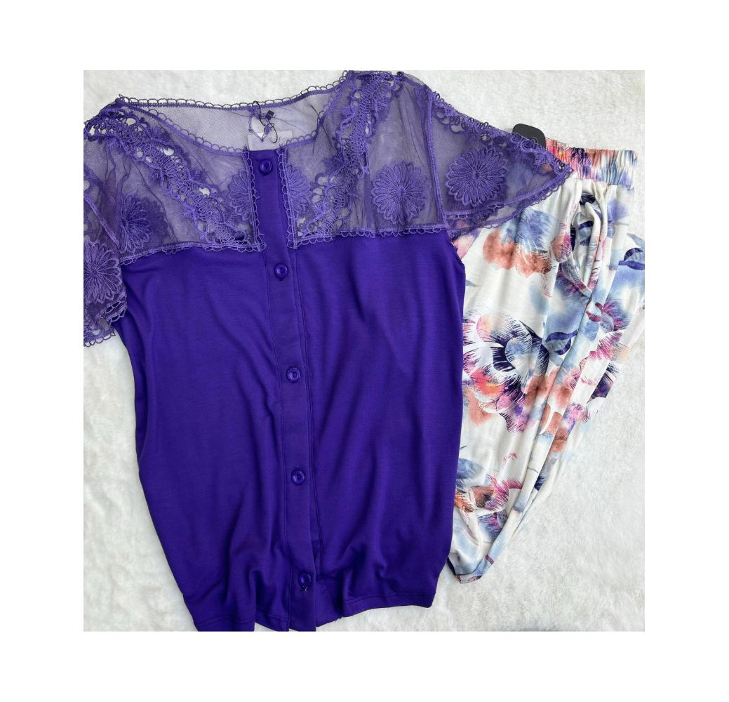 Pyjama haut violet pantalon imprimé Pyjama haut violet pantalon imprimé
