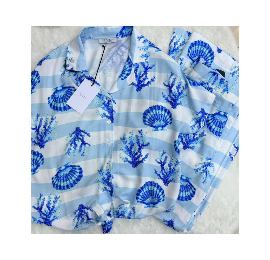Pyjama deux pièces coquillage bleu Pyjama deux pièces coquillage bleu