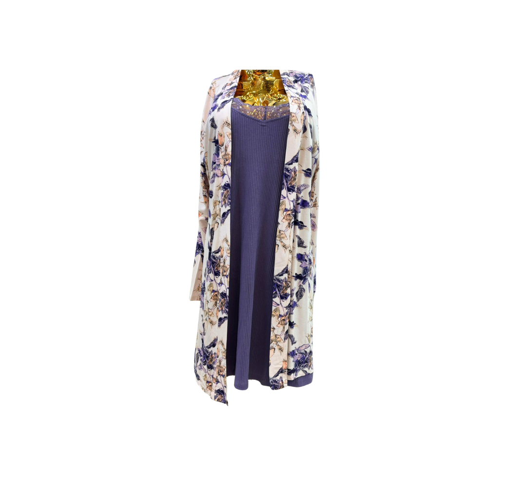 Nuisette d’allaitement deux pièces robe et kimono violette Nuisette d’allaitement deux pièces robe et kimono violette