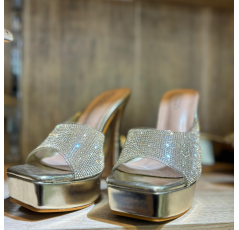 Mules à strass doré talon plateformes – Les Jolies Shoes
