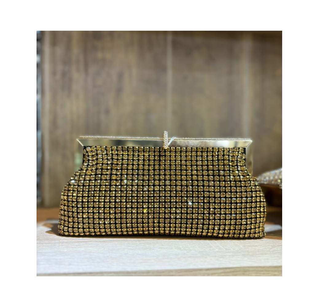 Pochette rectangulaire doré et noire à strass femme – Les Jolies Shoes