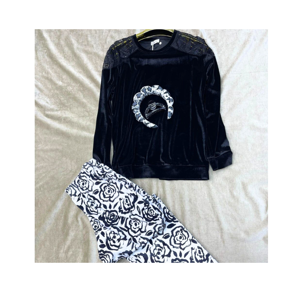 Ensemble Deux Pièces Pyjama Noir Imprimé à Fleurs noir et blanc – Reve d’Elle