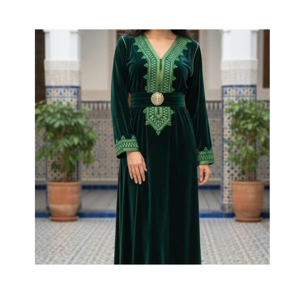 Robe d’Intérieur Brodée Manches Longues Verte – Reve d’Elle