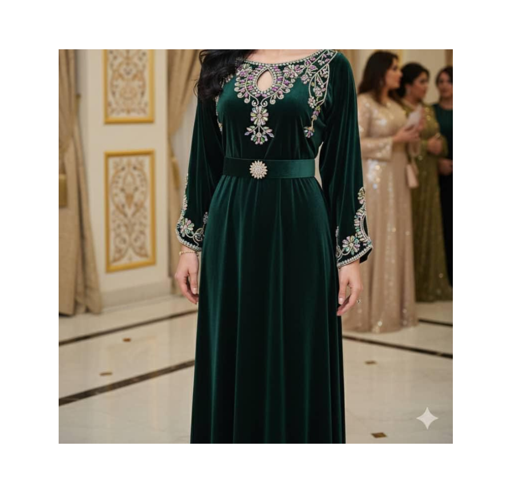 Robe d’Intérieur Brodée Manches Longues Verte – Reve d’Elle